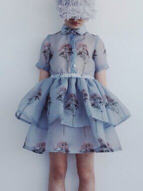 Caroline Bosmans Blue Layered Organza Daisy Dress. Size 12.